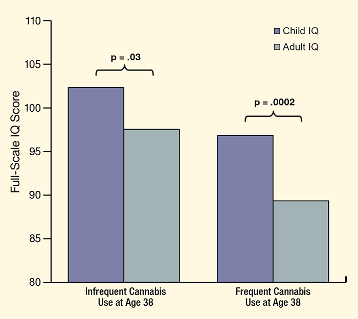 A bar chart showing the relationship of full-scale IQ score to infrequent vs. frequent cannabis use at age 38. Infrequent use, child IQ 102.5, Adult IQ 97.5; Frequent use, child IQ 94, adult IQ 89.