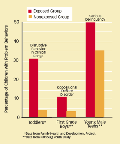 bar graph showing higher problem behaviors in Toddlers, first grade boys, and young male teens in exposed group - see caption