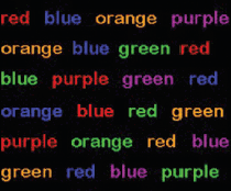 screen from Stroop test showing the names of colors some correctly colored others the wrong color