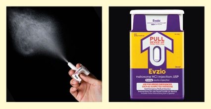 Image of Narcan® Nasal Spray and the Evzio® auto-injector,