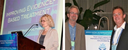 Left: Nora Volkow speaking, and right: Steven W. Gust, Ph.D. and Adrian Dunlop, M.B.B.S., Ph.D.