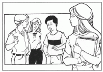 A sketch of a girl standing off to the side watching her friends talk