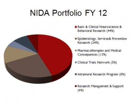 Pie chart showing NIDA research portfolio - Basic & Clinical Neuroscience and Behavioral - 44%, Epidemiology, Services & Prevention - 24%, Pharmacotherapies & Medical Consequences - 13%, CTN - 5%, IRP - 8%, RM&S - 6%